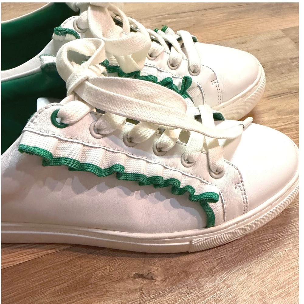 Tory Sport Ruffle Sneakers White Green Leather Lace Up Croquette Sporty Shoes